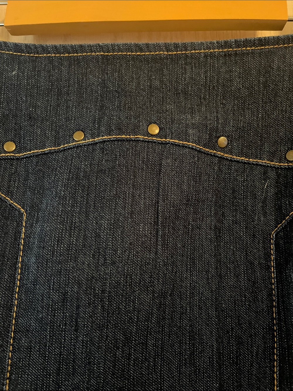 Dark Blue Denim A-Line Skirt with Decorative Stud and Bead Accents - Picture 3 of 11